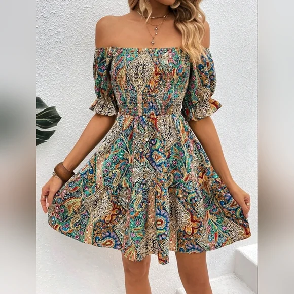 New Chic Boho Paisley Floral Off Shoulder Mini Dress Ruffle Smocked Blue Tan - Picture 4 of 8
